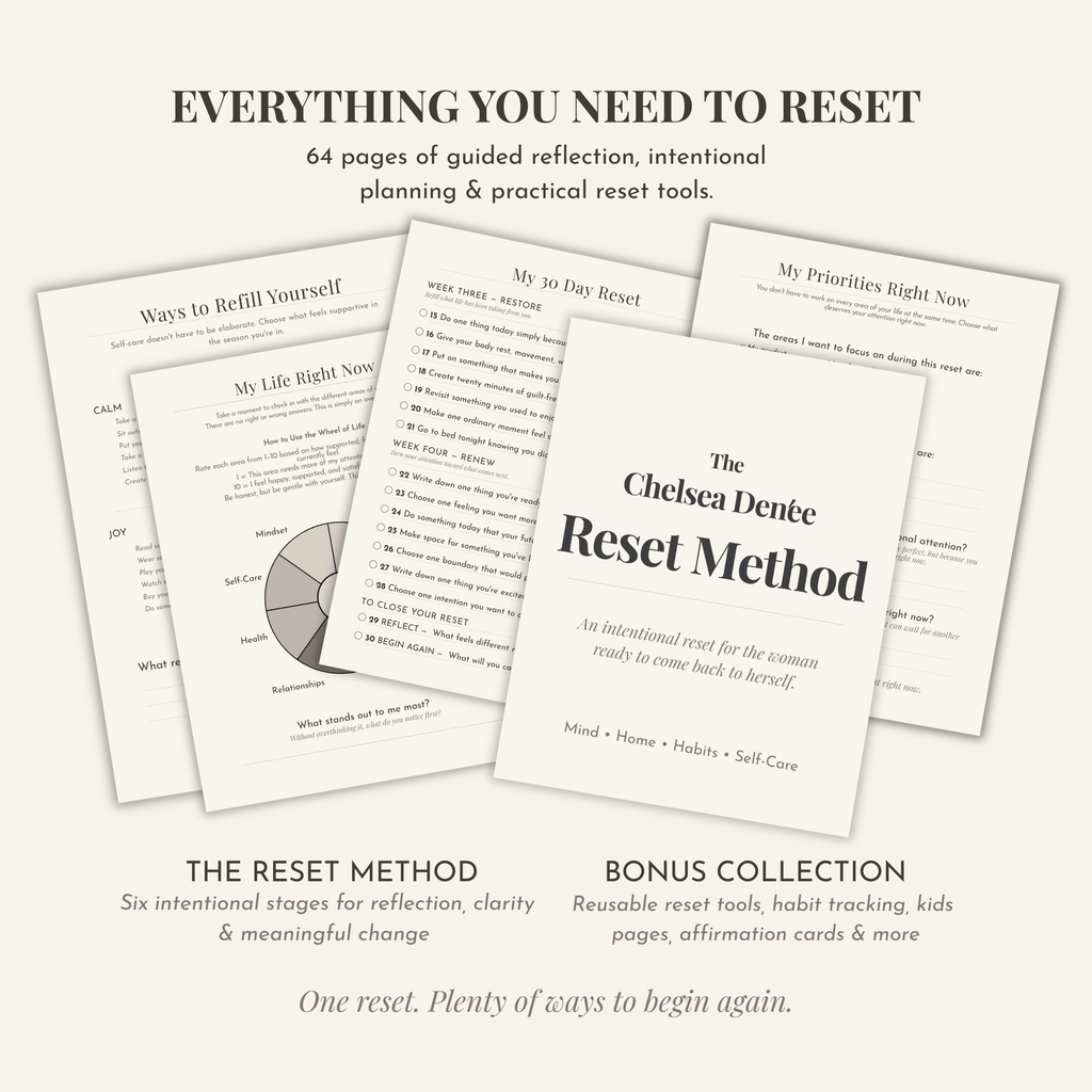 The Chelsea Denée Reset Method 64-page printable self-care journal with guided worksheets, planning pages and bonus reset tools.