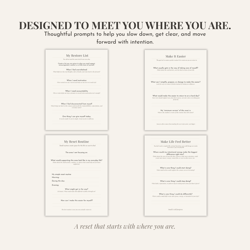 Guided self-reflection worksheets from The Chelsea Denée Reset Method designed to help you slow down, gain clarity and make intentional changes.