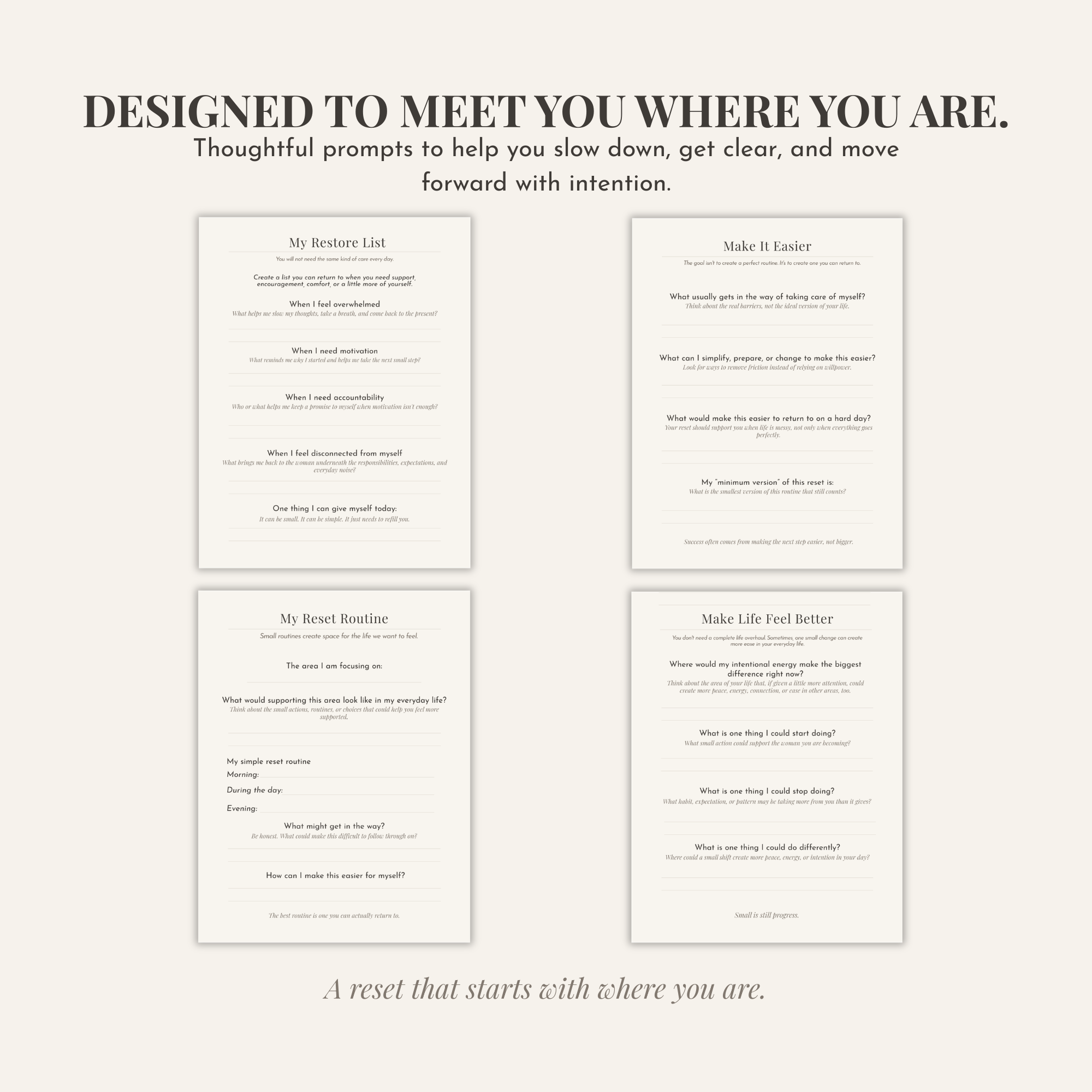 Guided self-reflection worksheets from The Chelsea Denée Reset Method designed to help you slow down, gain clarity and make intentional changes.
