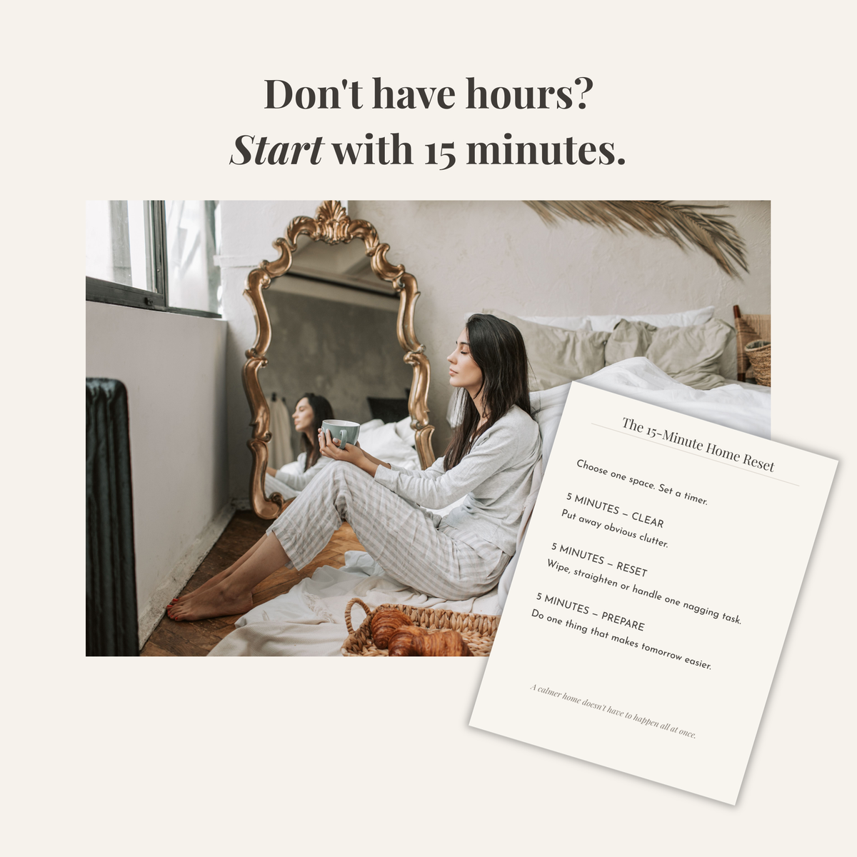 The 15-Minute Home Reset printable with clear, reset and prepare routine