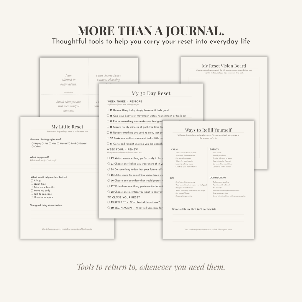 Printable reset tools from The Chelsea Denée Reset Method including a 30-Day Reset, vision board, refill prompts and guided self-care worksheets.
