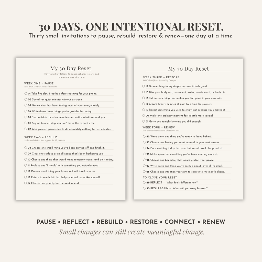 30-Day Reset Challenge from The Chelsea Denée Reset Method with daily prompts to pause, reflect, rebuild, restore, connect and renew.