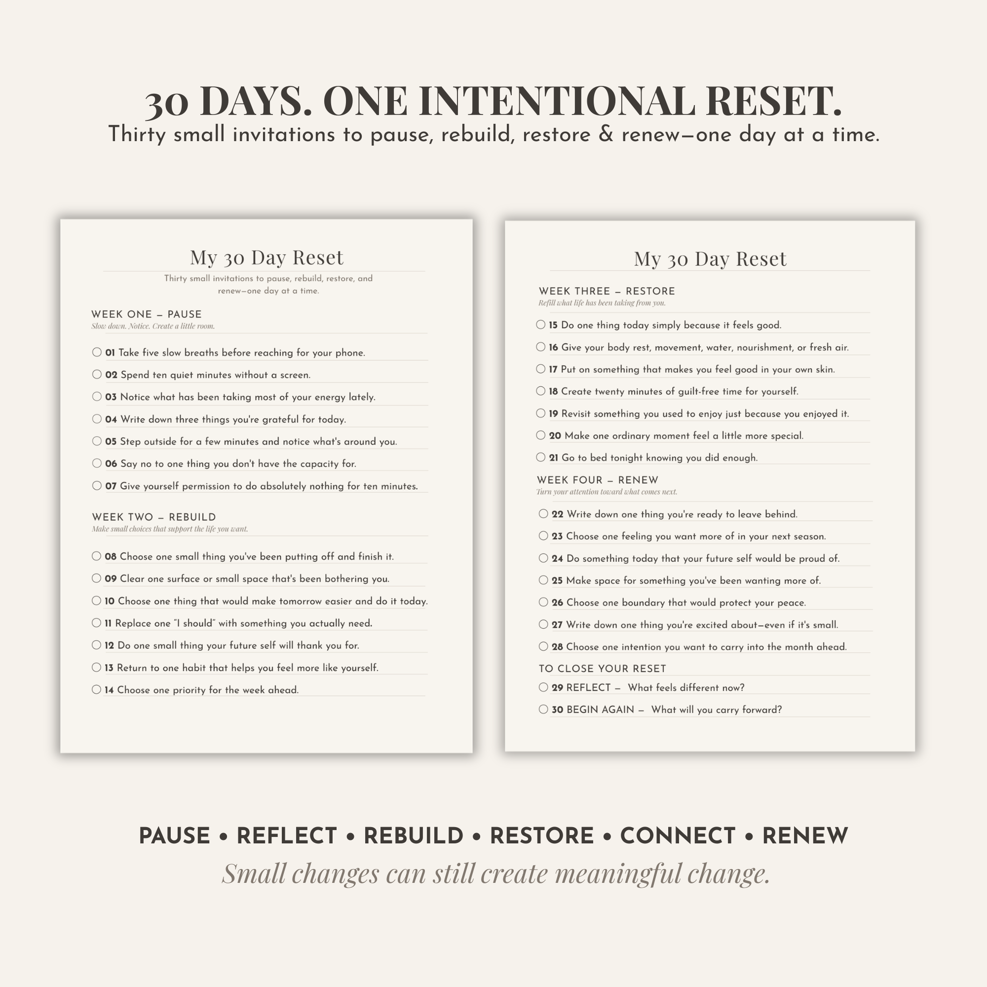30-Day Reset Challenge from The Chelsea Denée Reset Method with daily prompts to pause, reflect, rebuild, restore, connect and renew.