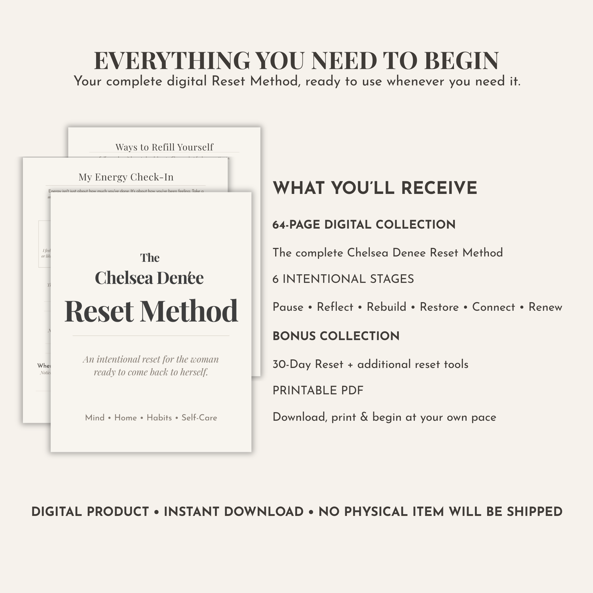 The Chelsea Denée Reset Method 64-page printable self-care journal with six guided stages, bonus reset tools and a 30-Day Reset Challenge.